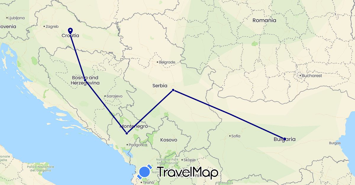 TravelMap itinerary: driving in Bosnia and Herzegovina, Bulgaria, Croatia, Montenegro, Kosovo (Europe)